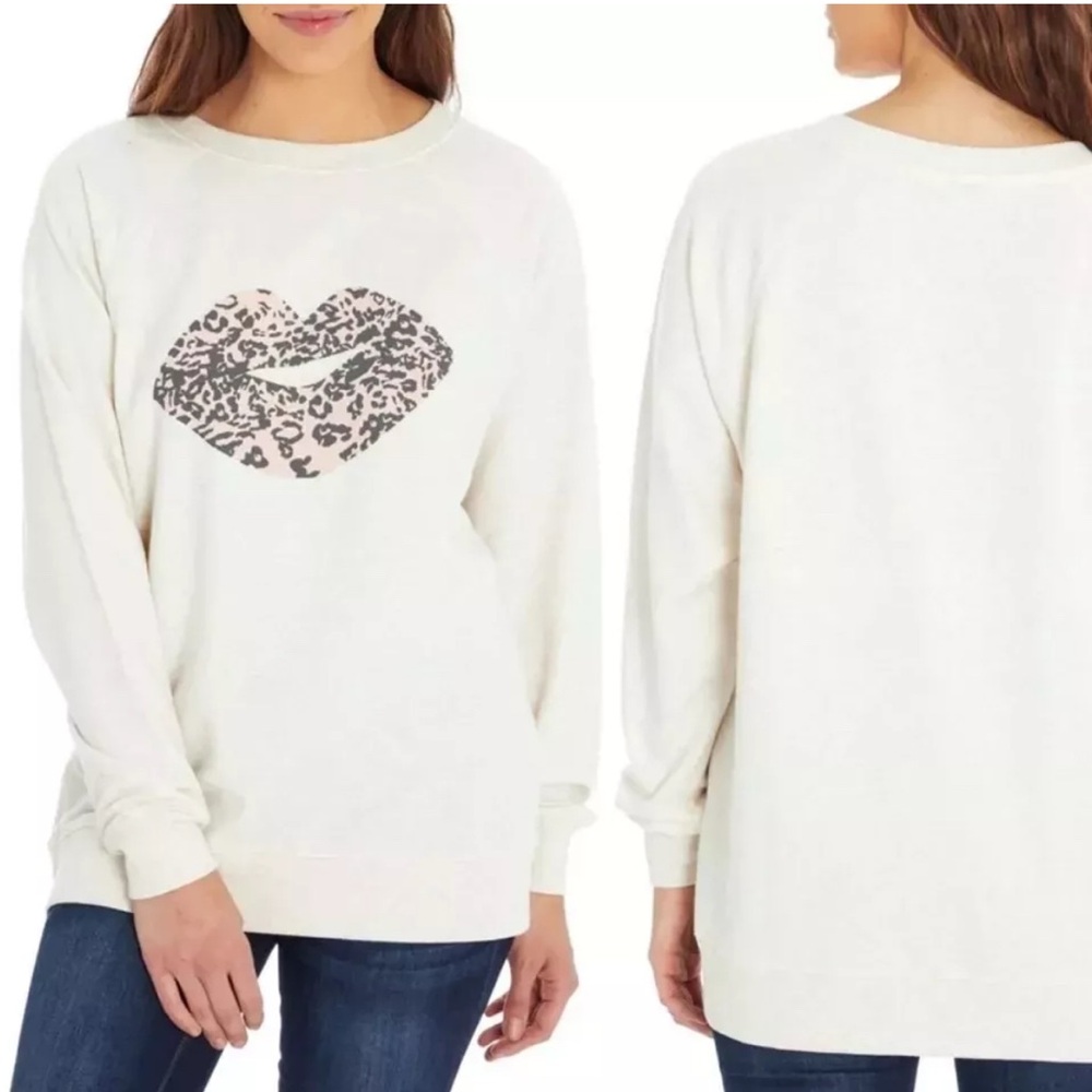 Wildfox Oversized Slouchy Cheetah Print Lips Graphic Sweatshirt Size S